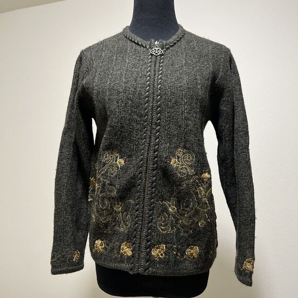 VTG SUSAN BRISTOL Cardigan Sweater 100% WOOL Hand Embroidered Green Black Sz S - Picture 1 of 12